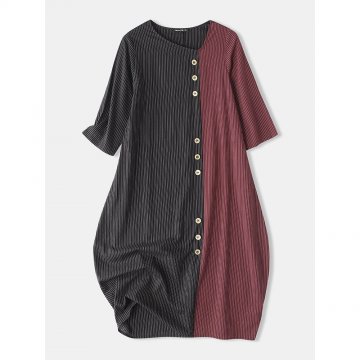 Stripe Contrast Color Button 3//4 Sleeve Irregular Collar Pocket Dress