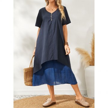 Casual Patchwork Buttons Short Sleeve V-neck Dress for Women