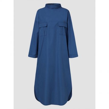 Solid Color Half-collar Pocket Long Sleeve Casual Dress for Women