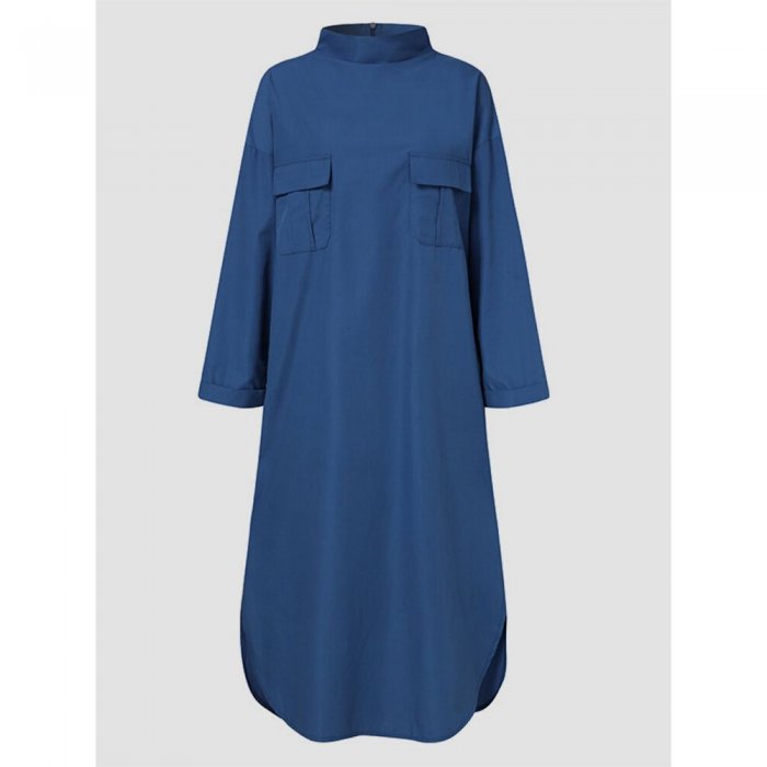 Solid Color Half-collar Pocket Long Sleeve Casual Dress for Women