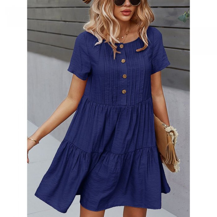 Women Solid Color Button Short Sleeve Pleated O-neck Casual Dress