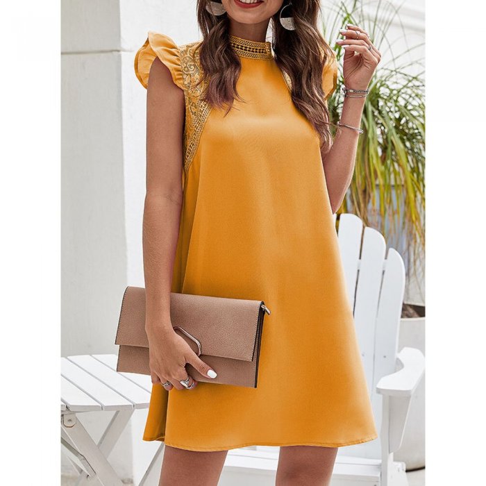 Women Lace Hollow Solid Color Sleeveless High Neck Casual Dress