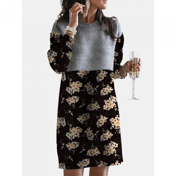 Calico Print Patchwork Long Sleeve Casual Dress For Women