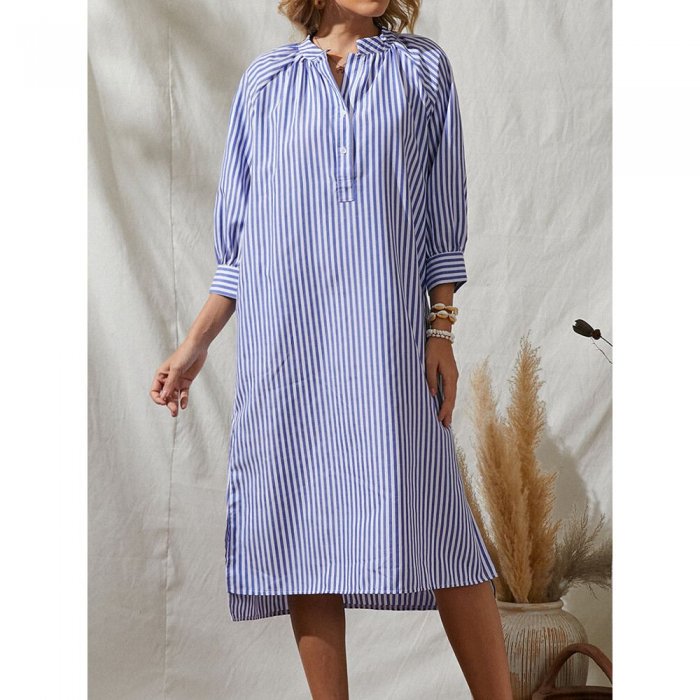 Stripe Solid Color V-neck 3//4 Length Sleeve Loose Women Casual Dress